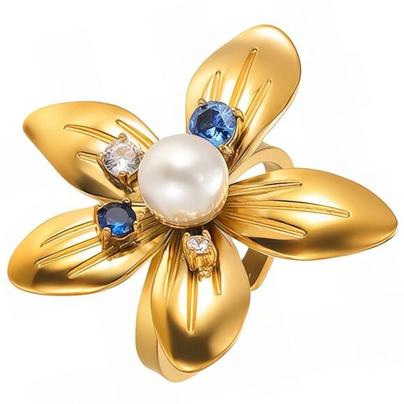 18K Gold Plated Women's Flower Ring Cubic Zirconia Waterproof Hypoallergenic - Picture 1 of 11